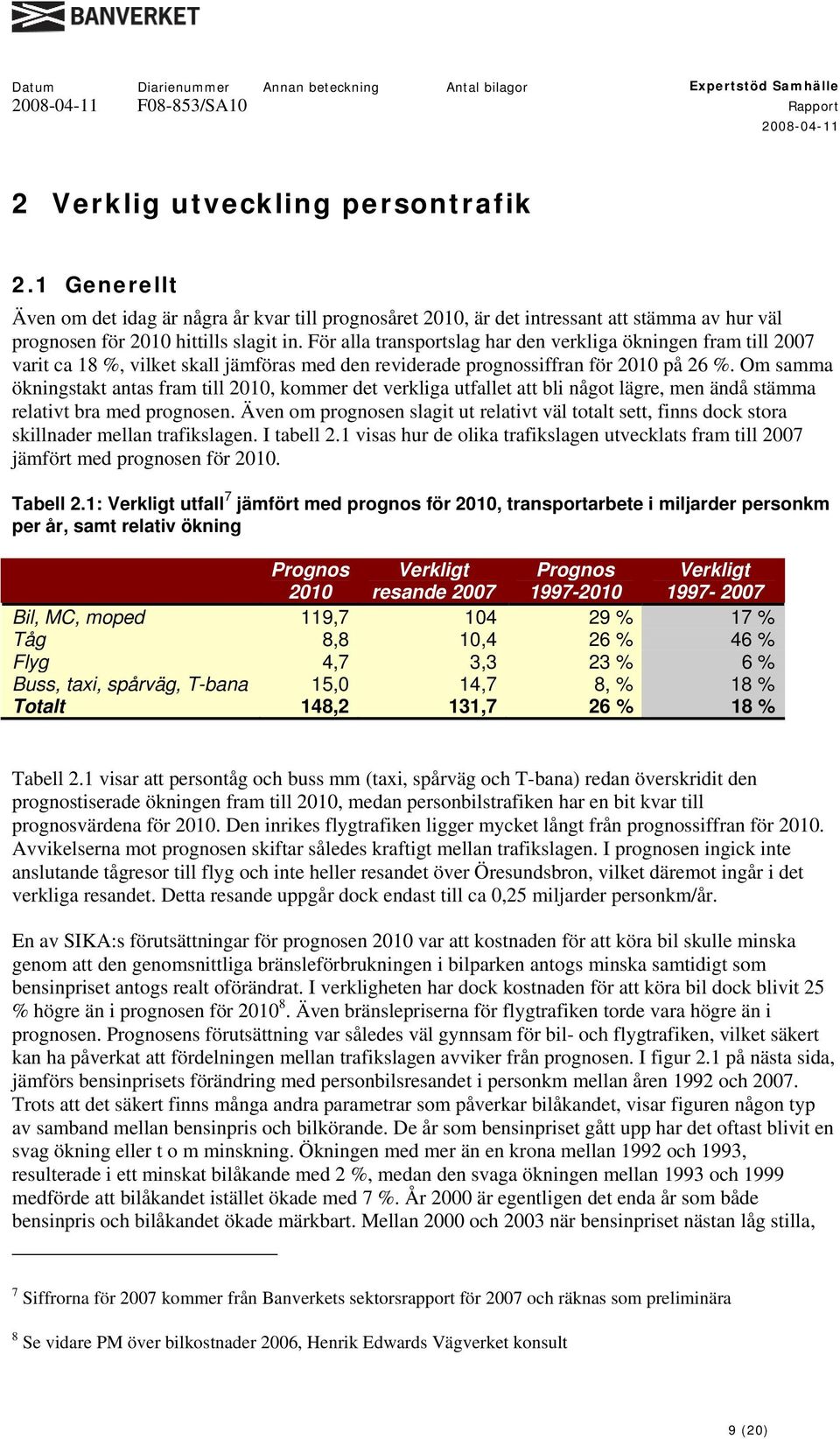 Om samma ökningstakt antas fram till 2010, kommer det verkliga utfallet att bli något lägre, men ändå stämma relativt bra med prognosen.