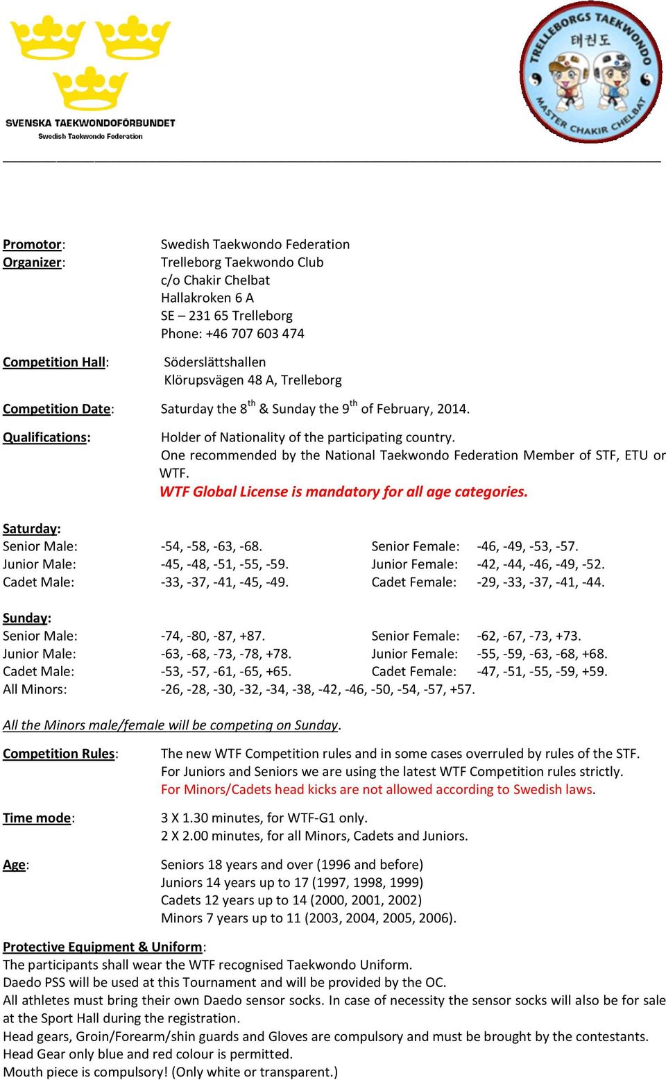 One recommended by the National Taekwondo Federation Member of STF, ETU or WTF. WTF Global License is mandatory for all age categories. Saturday: Senior Male: -54, -58, -63, -68.