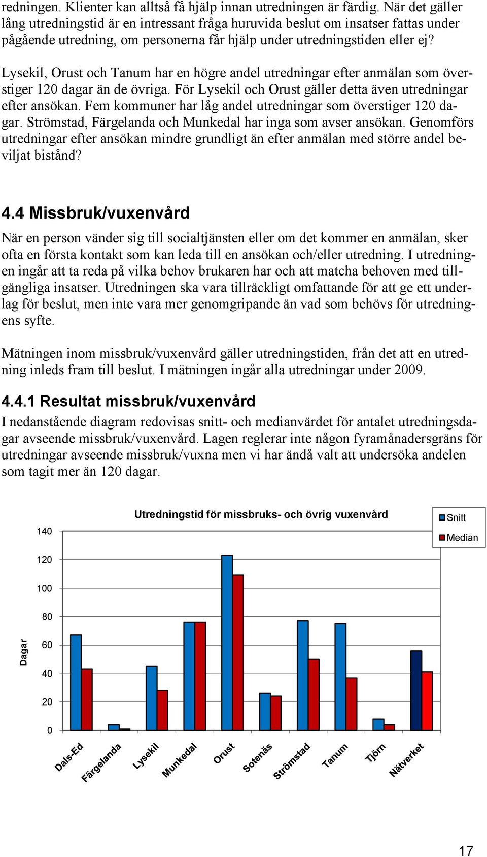 , Orust och Tanum har en högre andel utredningar efter anmälan som överstiger 120 dagar än de övriga. För och Orust gäller detta även utredningar efter ansökan.