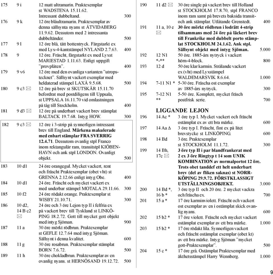 400 179 9 v6 12 öre med den ovanliga varianten utropstecknet. Sällsynt vackert exemplar med heldaterad stämpel LAXÅ 9.5.68. 500 180 9 c3! 12 öre på brev st SKUTSKÄR 15.11.