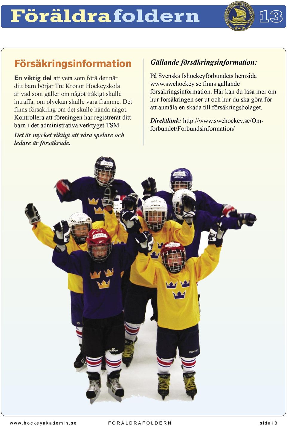 Det är mycket viktigt att våra spelare och ledare är försäkrade. Gällande försäkringsinformation: På Svenska Ishockeyförbundets hemsida www.swehockey.se finns gällande försäkringsinformation.