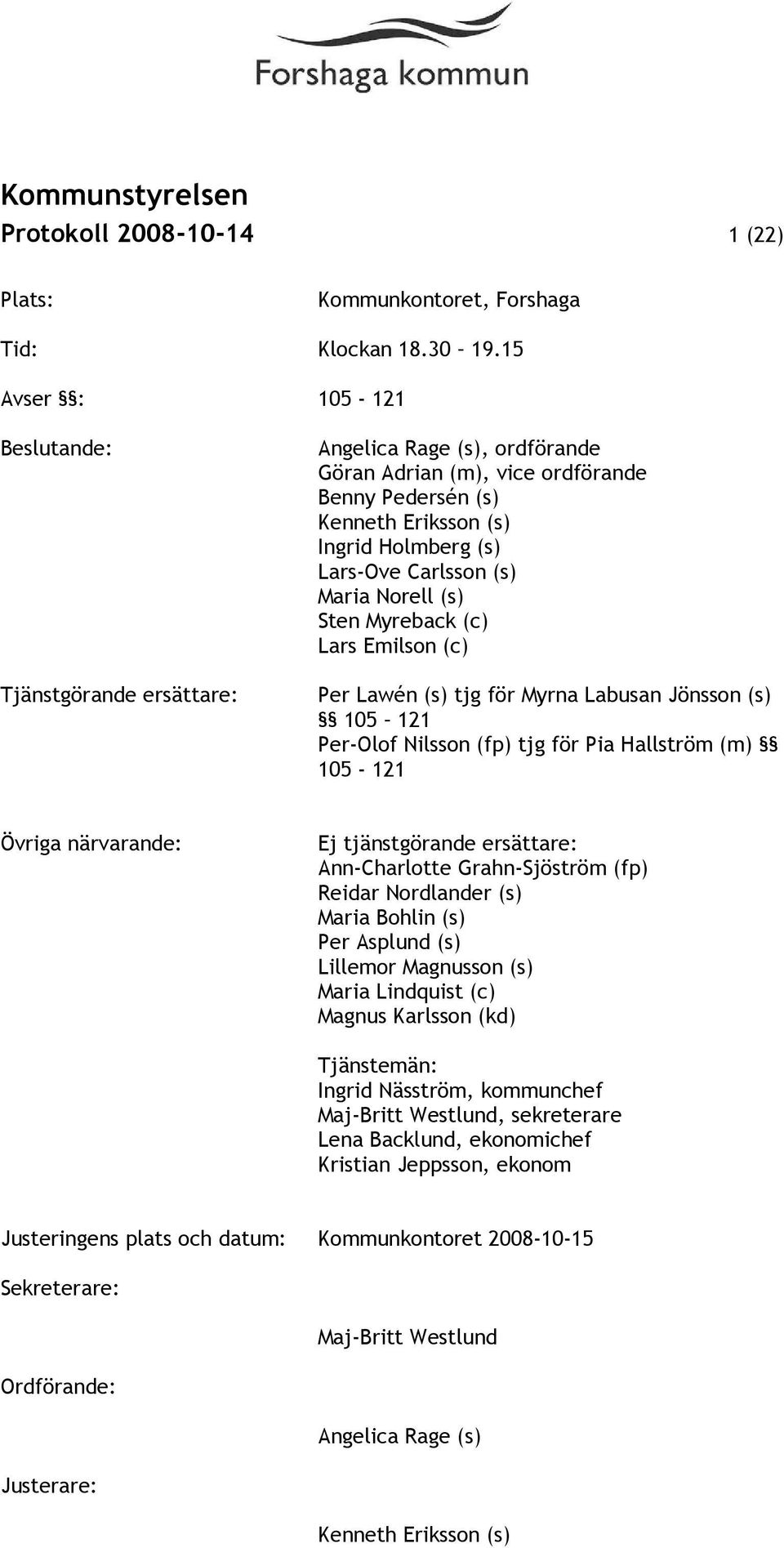 (s) Maria Norell (s) Sten Myreback (c) Lars Emilson (c) Per Lawén (s) tjg för Myrna Labusan Jönsson (s) 105 121 Per-Olof Nilsson (fp) tjg för Pia Hallström (m) 105-121 Övriga närvarande: Ej