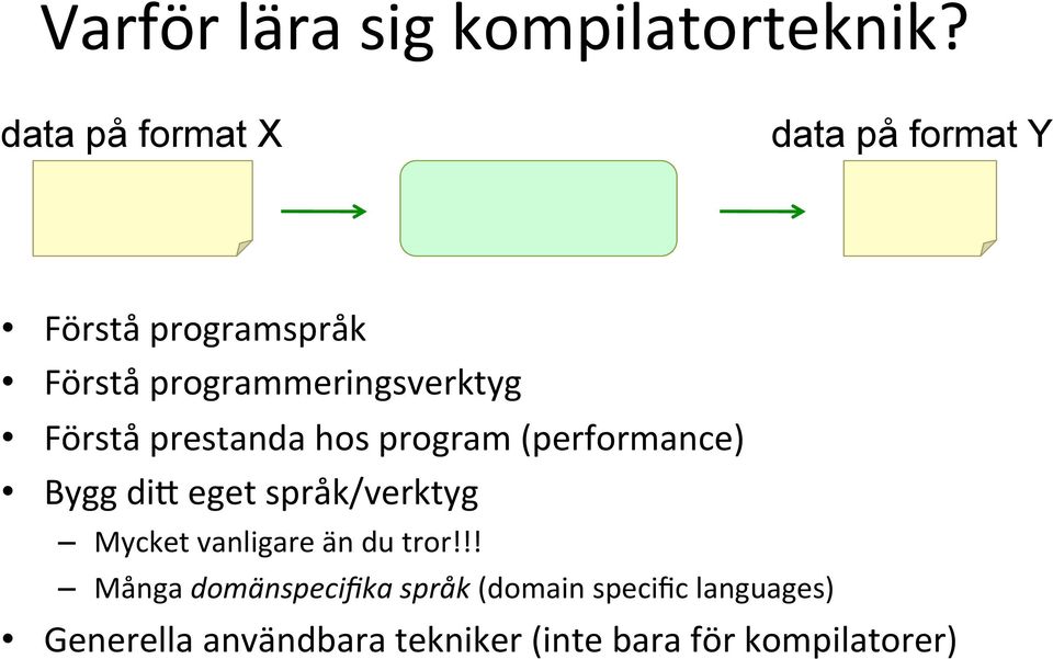 Förstå prestanda hos program (performance) Bygg dig eget språk/verktyg Mycket