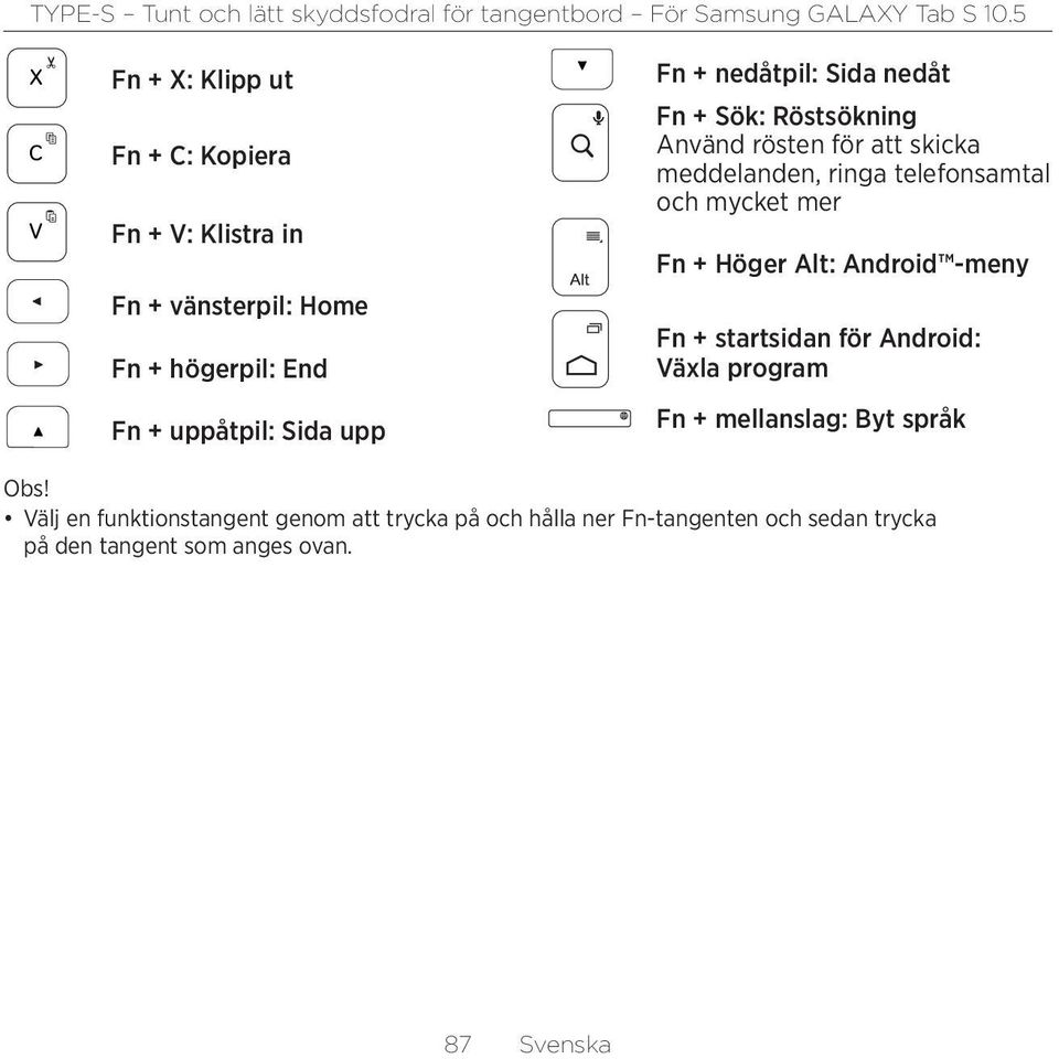 mer Fn + Höger Alt: Android -meny Fn + startsidan för Android: Växla program Fn + mellanslag: Byt språk Obs!