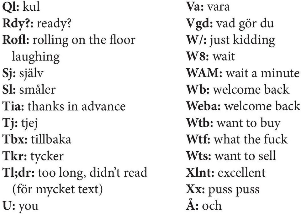 tillbaka Tkr: tycker Tl;dr: too long, didn t read (för mycket text) U: you Va: vara Vgd: vad gör