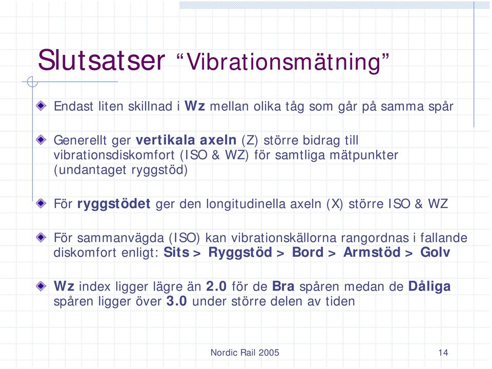 större ISO & WZ För sammanvägda (ISO) kan vibrationskällorna rangordnas i fallande diskomfort enligt: Sits > Ryggstöd > Bord > Armstöd >