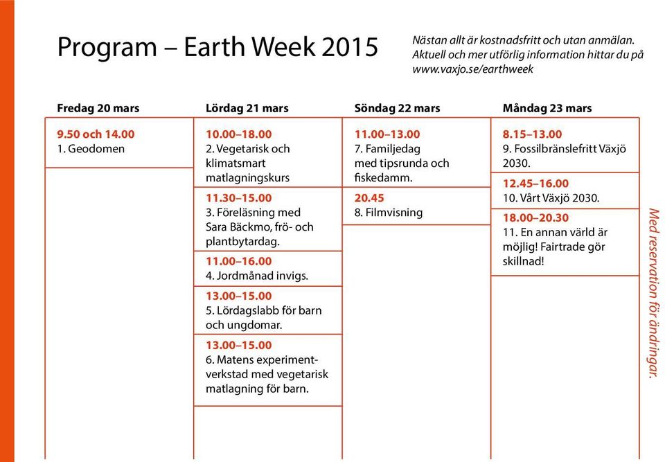 Föreläsning med Sara Bäckmo, frö- och plantbytardag. 11.00 16.00 4. Jordmånad invigs. 13.00 15.00 5. Lördagslabb för barn och ungdomar. 13.00 15.00 6.