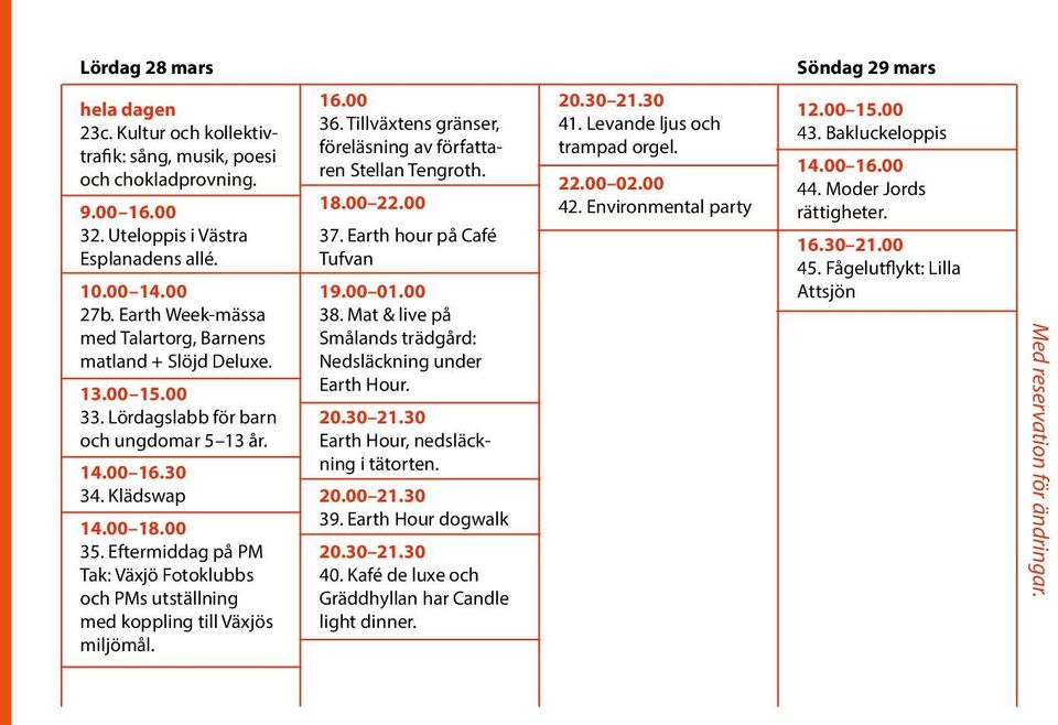 Eftermiddag på PM Tak: Växjö Fotoklubbs och PMs utställning med koppling till Växjös miljömål. 16.00 36. Tillväxtens gränser, föreläsning av författaren Stellan Tengroth. 18.00 22.00 37.