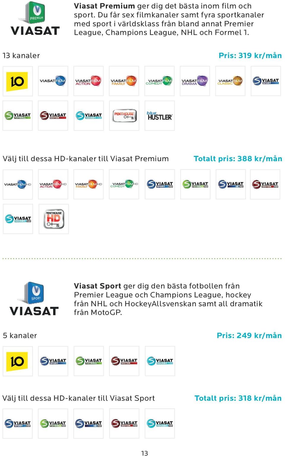 13 kanaler Pris: 319 kr/mån Välj till dessa HD-kanaler till Viasat Premium Totalt pris: 388 kr/mån COMEDY Viasat Sport ger dig den bästa