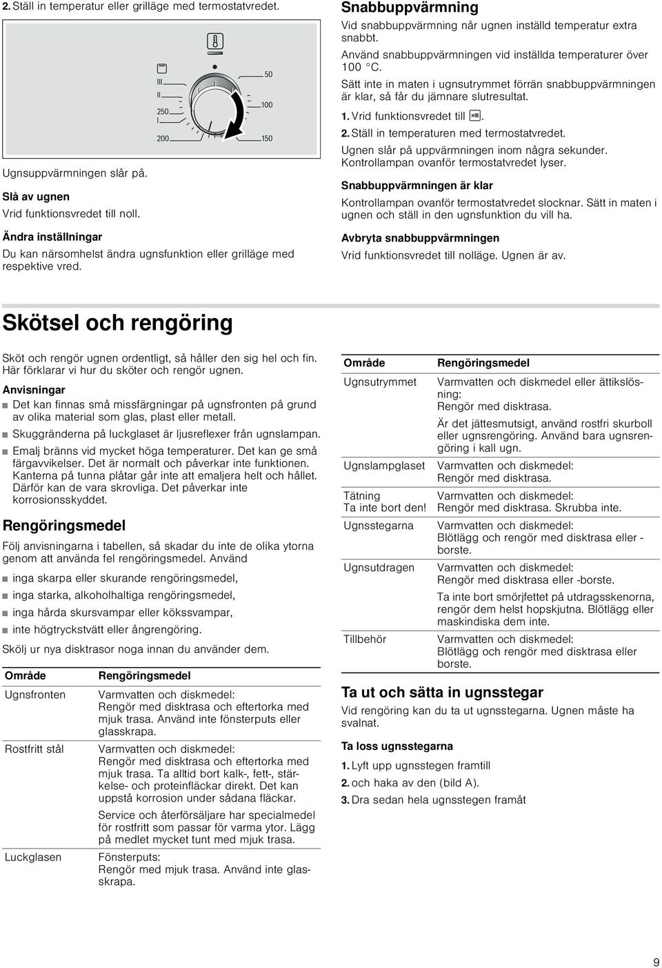 Använd snabbuppvärmningen vid inställda temperaturer över 100 C. Sätt inte in maten i ugnsutrymmet förrän snabbuppvärmningen är klar, så får du jämnare slutresultat. 1. Vrid funktionsvredet till. 2.