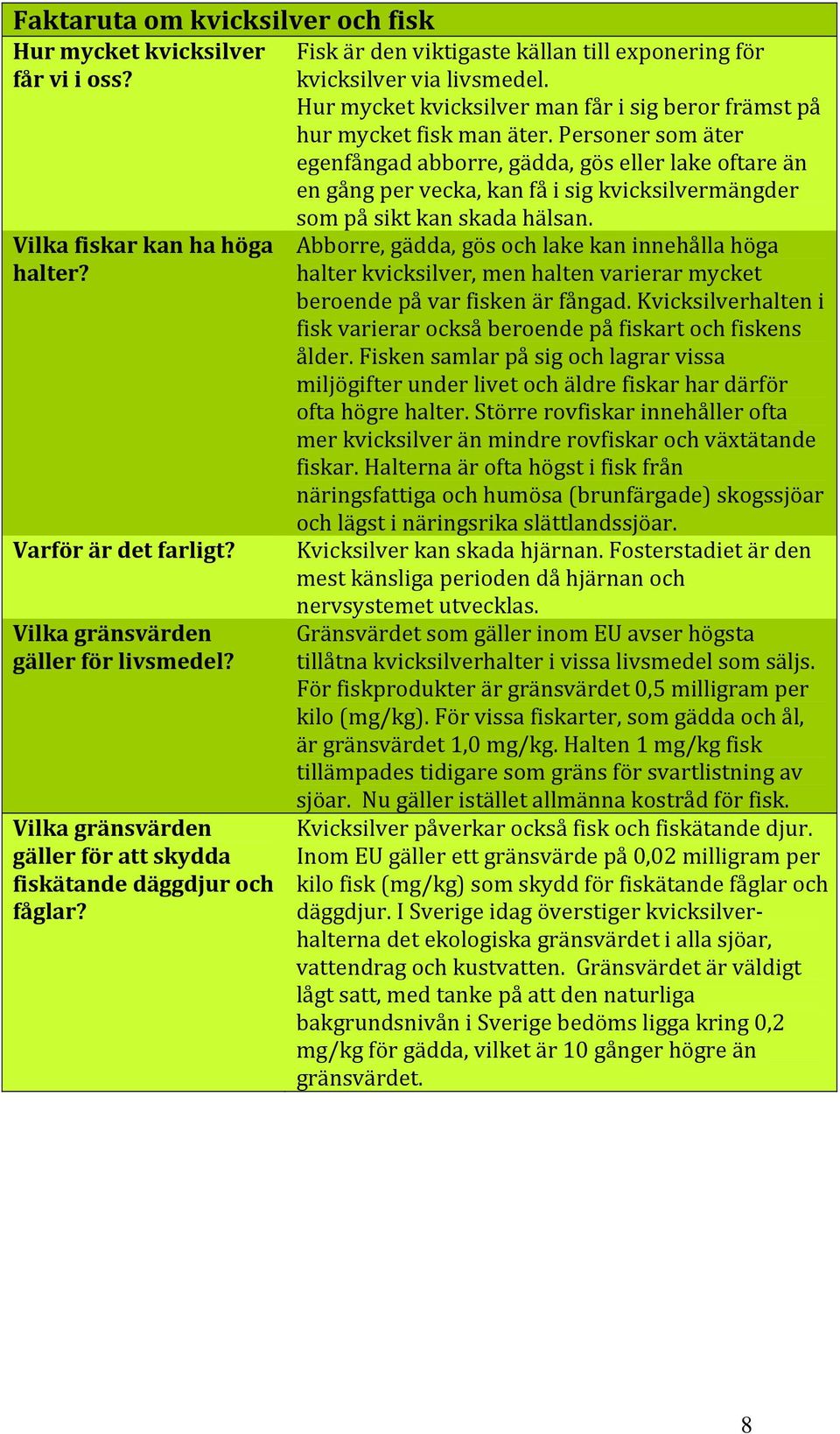 Personer som äter egenfångad abborre, gädda, gös eller lake oftare än en gång per vecka, kan få i sig kvicksilvermängder Vilka fiskar kan ha höga halter? Varför är det farligt?