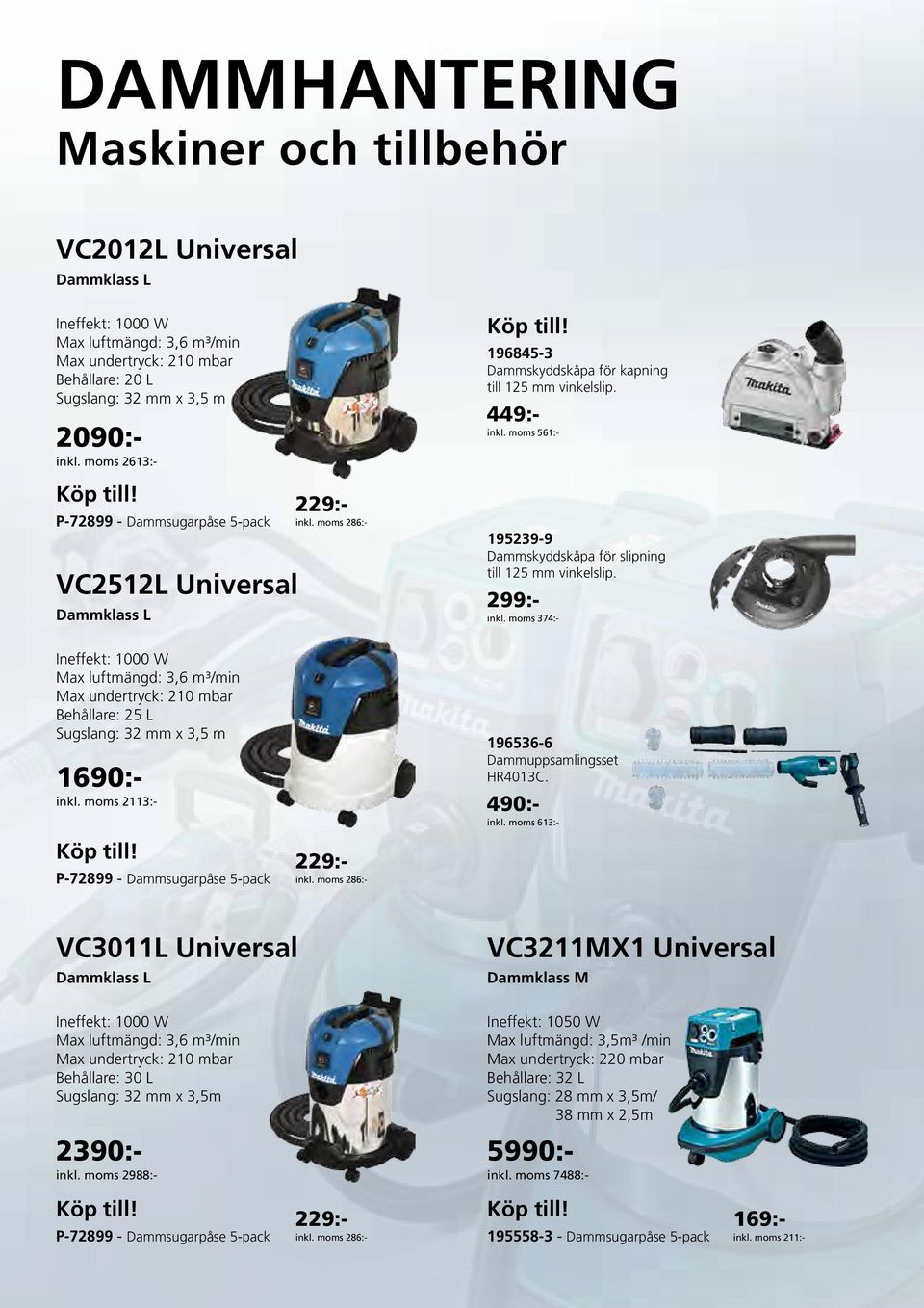 490:- inkl. moms 613:- 299:- inkl. moms 374:- Ineffekt: 1000 W Max luftmängd: 3,6 m³/min Max undertryck: 210 mbar Behållare: 25 L Sugslang: 32 mm x 3,5 m 196536-6 Dammuppsamlingsset HR4013C.