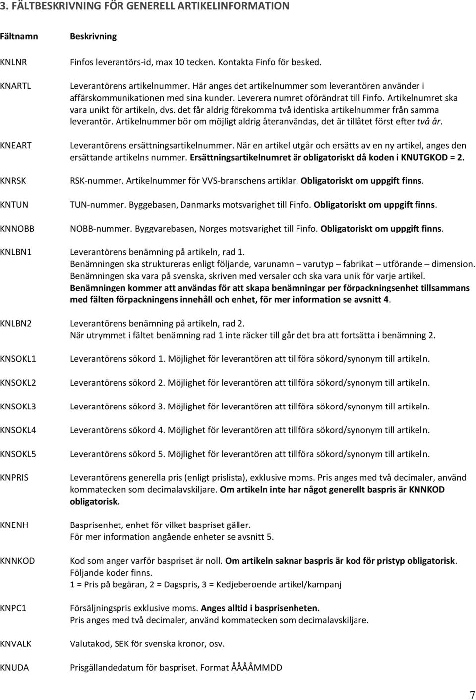 Artikelnumret ska vara unikt för artikeln, dvs. det får aldrig förekomma två identiska artikelnummer från samma leverantör.