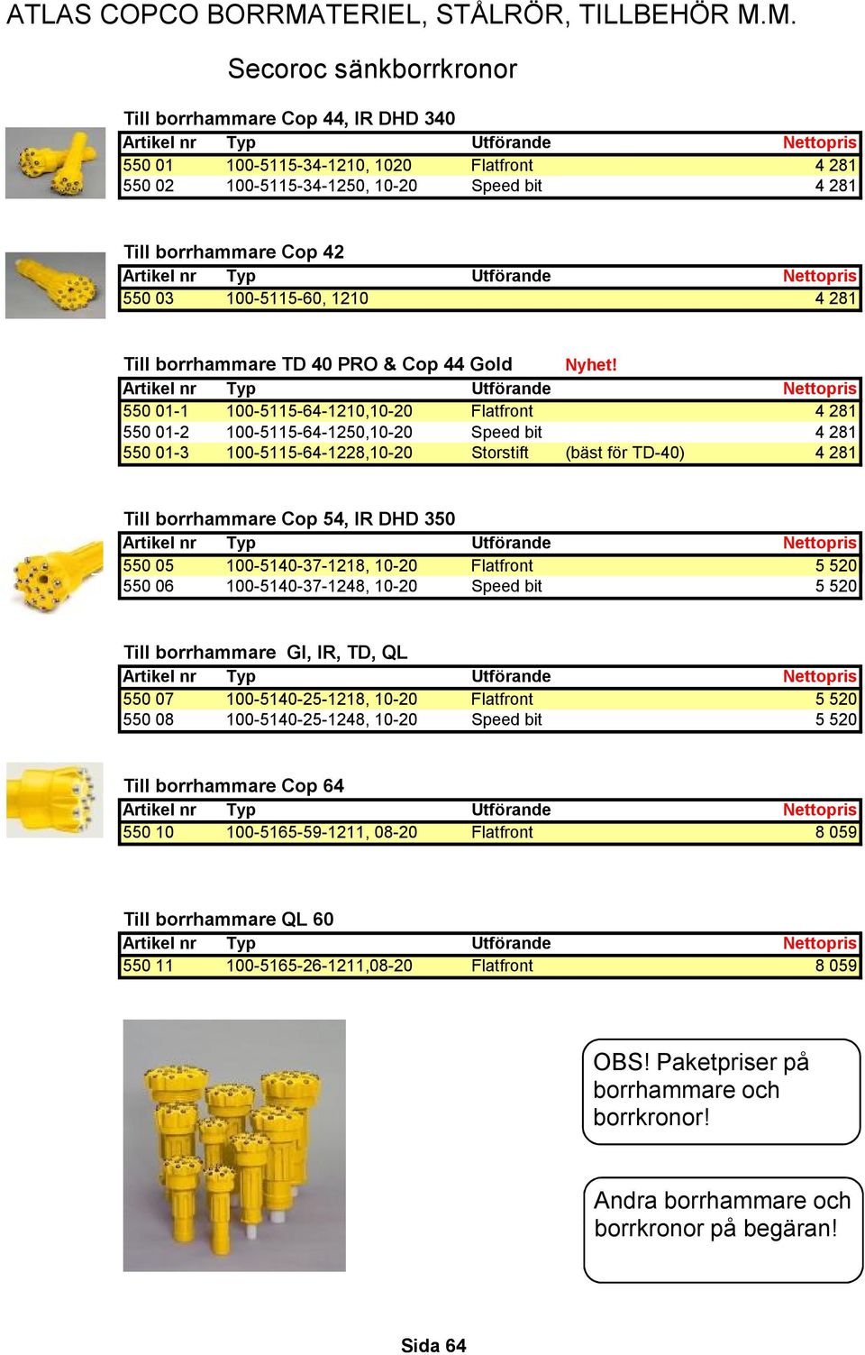 M. Secoroc sänkborrkronor Till borrhammare Cop 44, IR DHD 340 Artikel nr Typ Utförande Nettopris 550 01 100-5115-34-1210, 1020 Flatfront 4 281 550 02 100-5115-34-1250, 10-20 Speed bit 4 281 Till