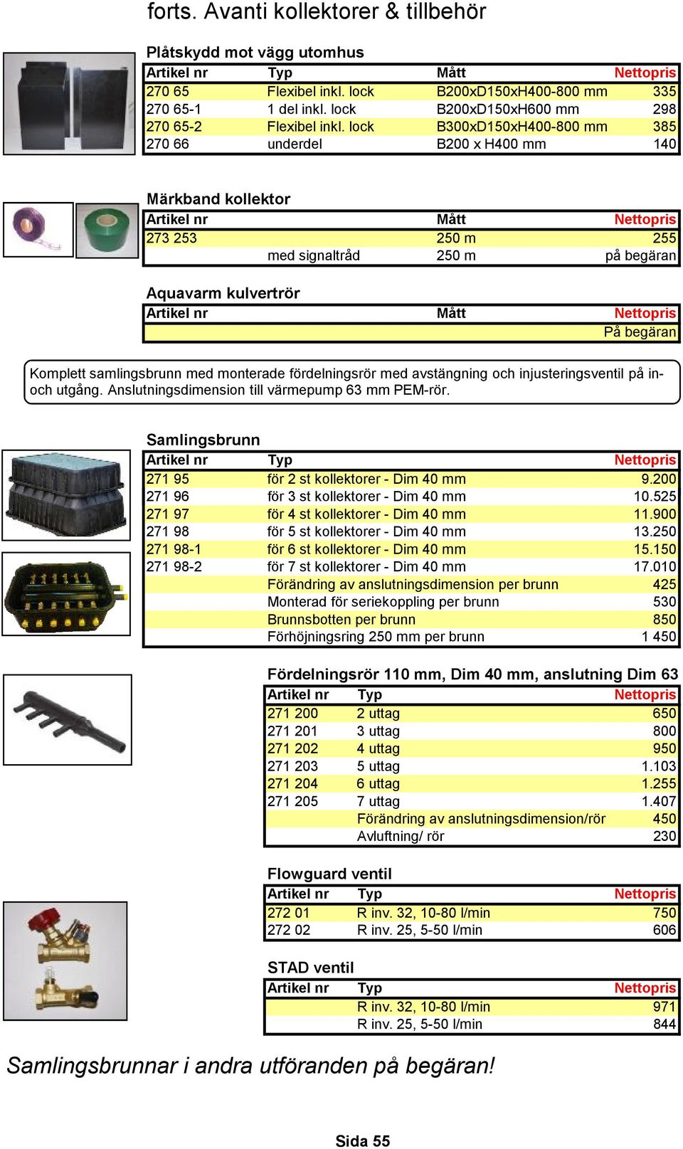 lock B300xD150xH400-800 mm 385 270 66 underdel B200 x H400 mm 140 Märkband kollektor Artikel nr Mått Nettopris 273 253 250 m 255 med signaltråd 250 m på begäran Aquavarm kulvertrör Artikel nr Mått