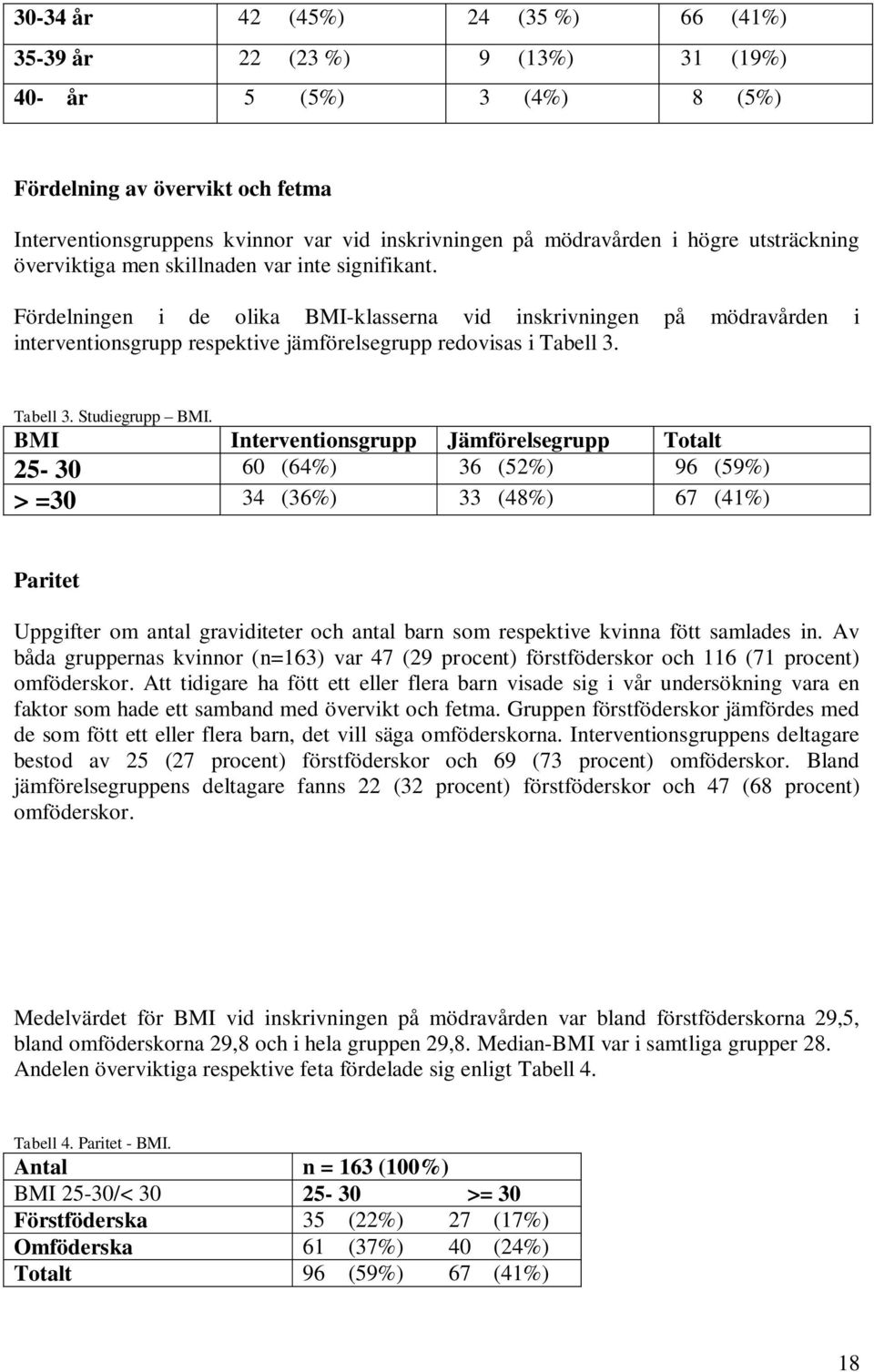 Fördelningen i de olika BMI-klasserna vid inskrivningen på mödravården i interventionsgrupp respektive jämförelsegrupp redovisas i Tabell 3. Tabell 3. Studiegrupp BMI.