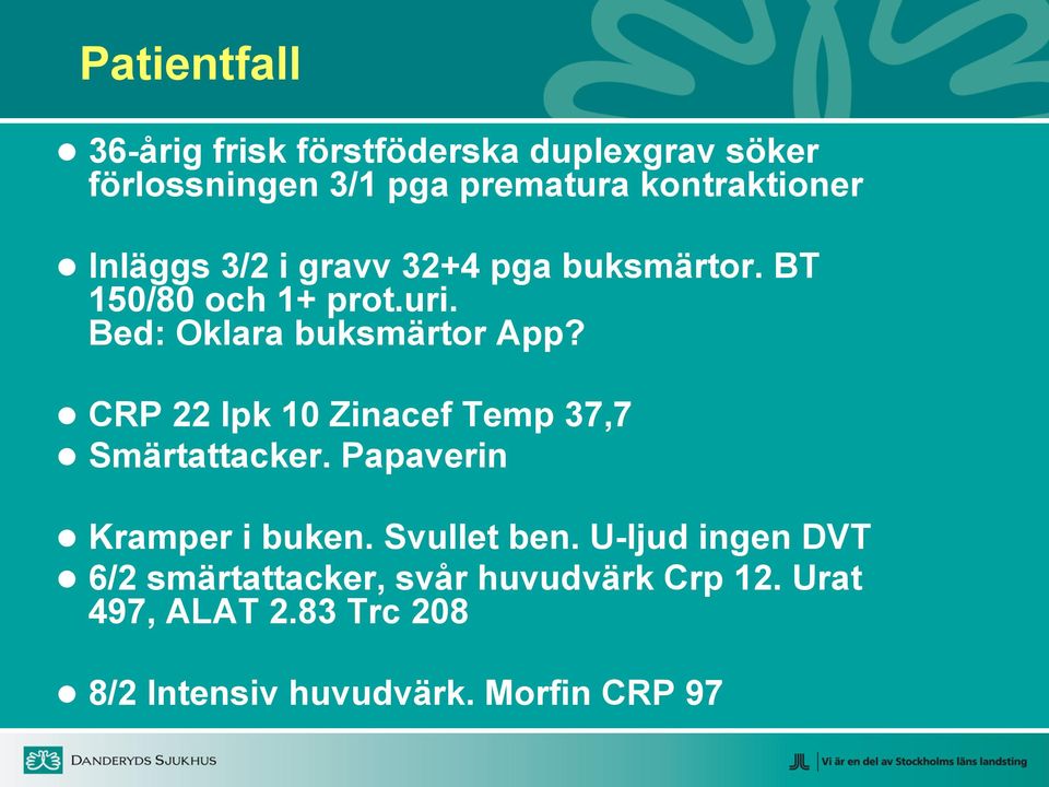 CRP 22 lpk 10 Zinacef Temp 37,7 Smärtattacker. Papaverin Kramper i buken. Svullet ben.