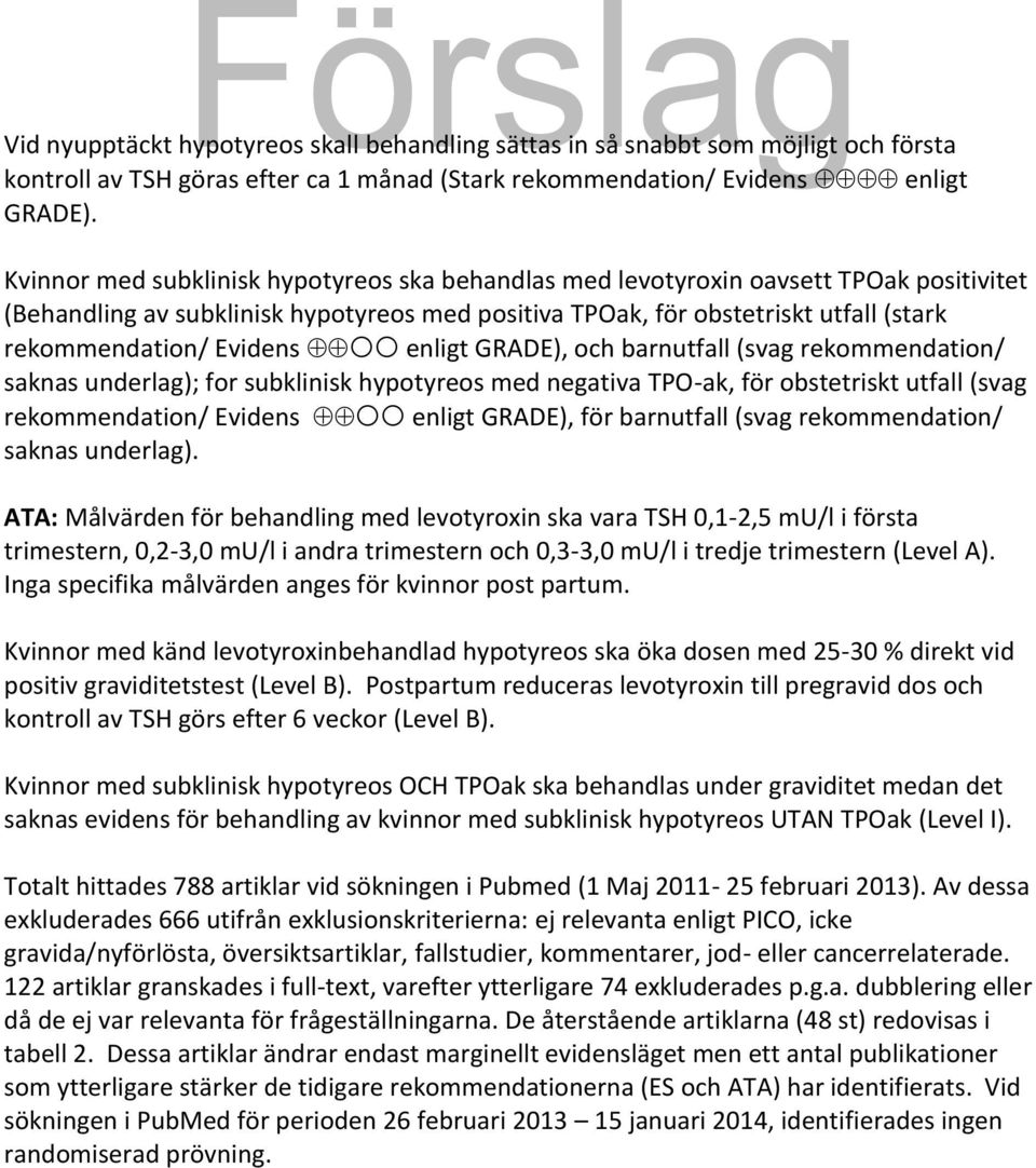 Evidens enligt GRADE), och barnutfall (svag rekommendation/ saknas underlag); for subklinisk hypotyreos med negativa TPO-ak, för obstetriskt utfall (svag rekommendation/ Evidens enligt GRADE), för