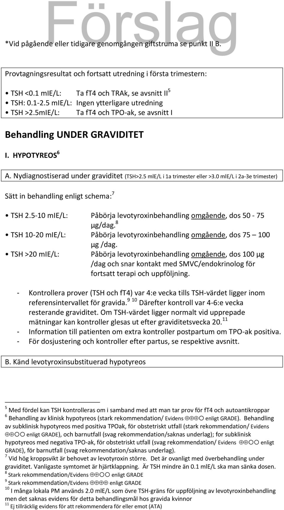 5 mle/l i 1a trimester eller >3.0 mle/l i 2a-3e trimester) Sätt in behandling enligt schema: 7 TSH 2 5-10 mie/l: Påbörja levotyroxinbehandling omgående, dos 50-75 μ /.