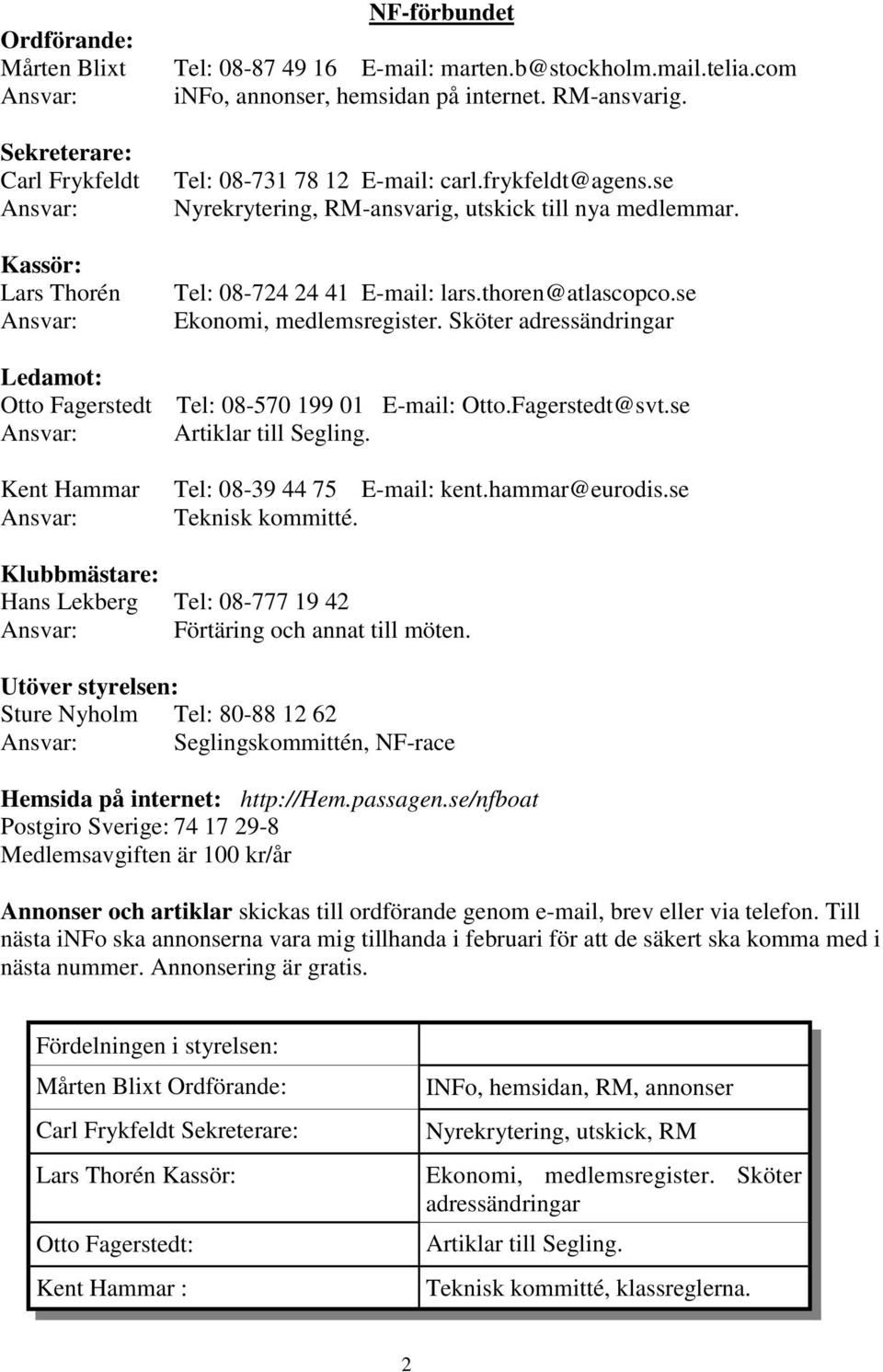 Tel: 08-724 24 41 E-mail: lars.thoren@atlascopco.se Ekonomi, medlemsregister. Sköter adressändringar Tel: 08-570 199 01 E-mail: Otto.Fagerstedt@svt.se Artiklar till Segling.