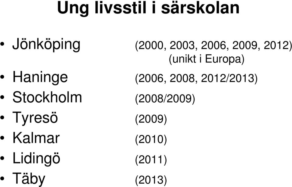 (2006, 2008, 2012/2013) Stockholm (2008/2009)
