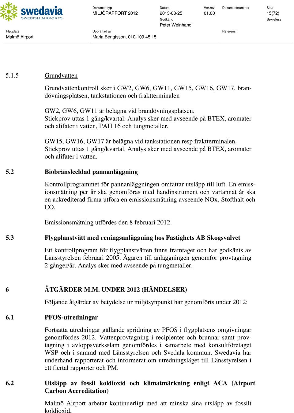 Stickprov uttas 1 gång/kvartal. Analys sker med avseende på BTEX, aromater och alifater i vatten. 5.2 Biobränsleeldad pannanläggning Kontrollprogrammet för pannanläggningen omfattar utsläpp till luft.