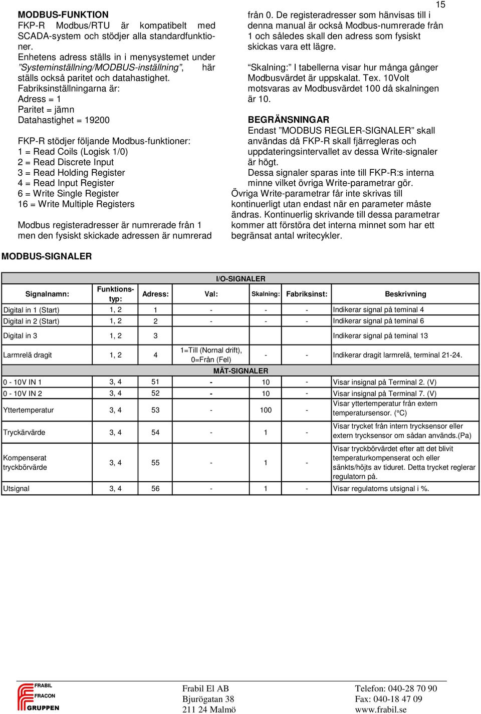 De registeradresser som hänvisas till i denna manual är också Modbus-numrerade från 1 och således skall den adress som fysiskt skickas vara ett lägre.