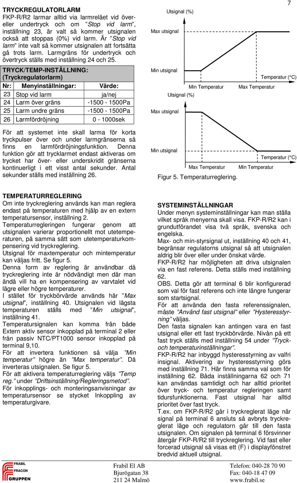 TRYCK/TEMP-INSTÄLLNING: (Tryckregulatorlarm) Nr: Menyinställningar: Värde: 23 Stop vid larm ja/nej 24 Larm över gräns -1500-1500Pa 25 Larm undre gräns -1500-1500Pa 26 Larmfördröjning 0-1000sek