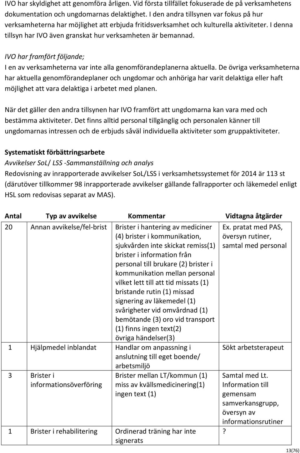 IVO har framfört följande; I en av verksamheterna var inte alla genomförandeplanerna aktuella.