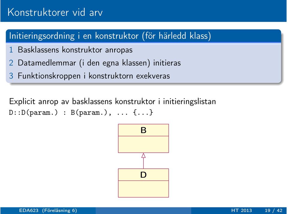 Funktionskroppen i konstruktorn exekveras Explicit anrop av basklassens konstruktor i