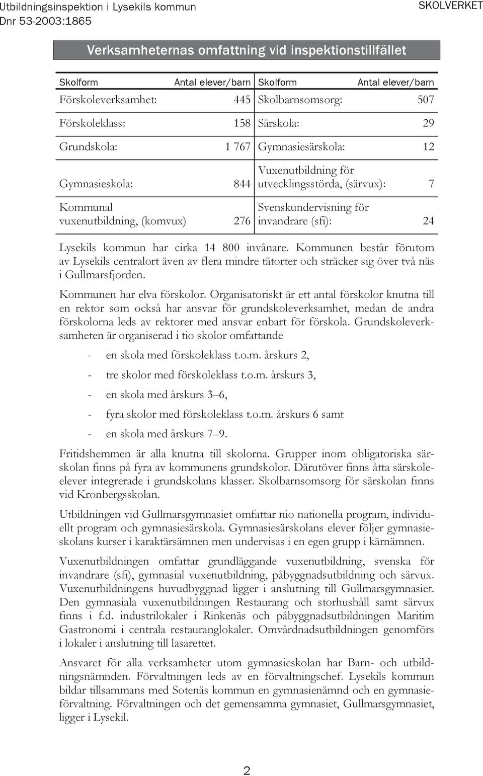 Lysekils kommun har cirka 14 800 invånare. Kommunen består förutom av Lysekils centralort även av flera mindre tätorter och sträcker sig över två näs i Gullmarsfjorden. Kommunen har elva förskolor.