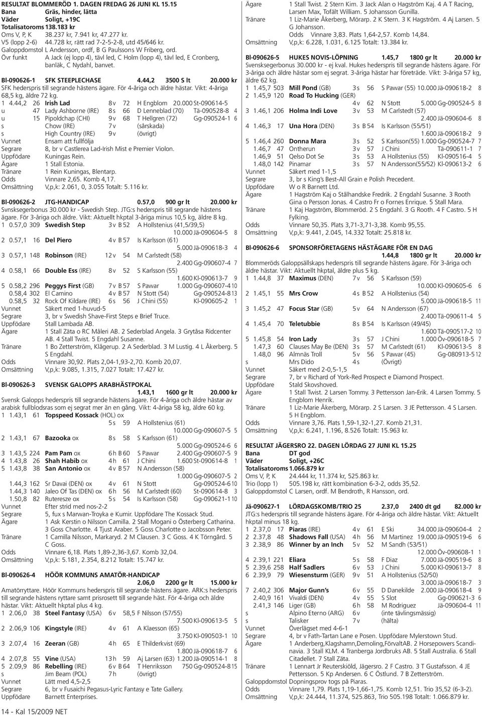 Övr funkt A Jack (ej lopp 4), tävl led, C Holm (lopp 4), tävl led, E Cronberg, banläk, C Nydahl, banvet. Bl-090626-1 SFK STEEPLECHASE 4.44,2 3500 S lt 20.