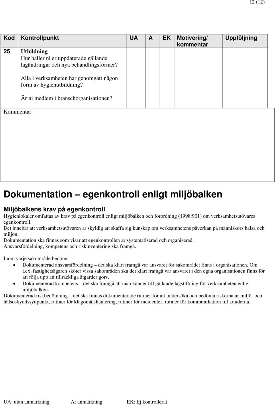 Dokumentation egenkontroll enligt miljöbalken Miljöbalkens krav på egenkontroll Hygienlokaler omfattas av krav på egenkontroll enligt miljöbalken och förordning (1998:901) om verksamhetsutövares