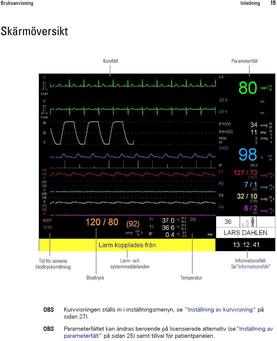 Se Informationsfält Blodtryck Temperatur OBS OBS Kurvvisningen ställs in i inställningsmenyn, se