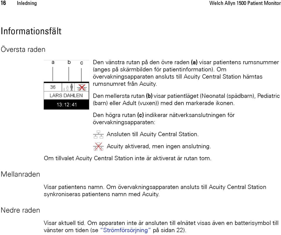 Den mellersta rutan (b) visar patientläget (Neonatal (spädbarn), Pediatric (barn) eller Adult (vuxen)) med den markerade ikonen.