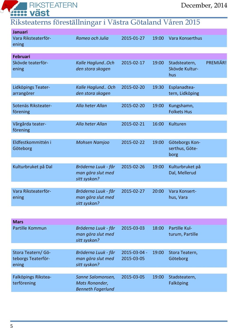 . Och den stora skogen 2015-02- 20 19:30 Esplanadtea- tern, Lidköping Sotenäs Riksteater- förening Vårgårda teater- förening Eldfestkommittén i Göteborg Alla heter Allan 2015-02- 20 19:00 Kungshamn,