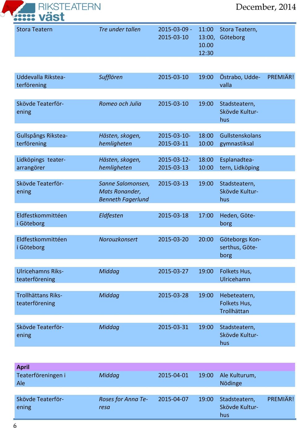 arrangörer Hästen, skogen, hemligheten 2015-03- 12-2015- 03-13 18:00 10:00 Esplanadtea- tern, Lidköping 2015-03- 13 19:00 Stadsteatern, Eldfestkommittéen i Göteborg Eldfestkommittéen i Göteborg