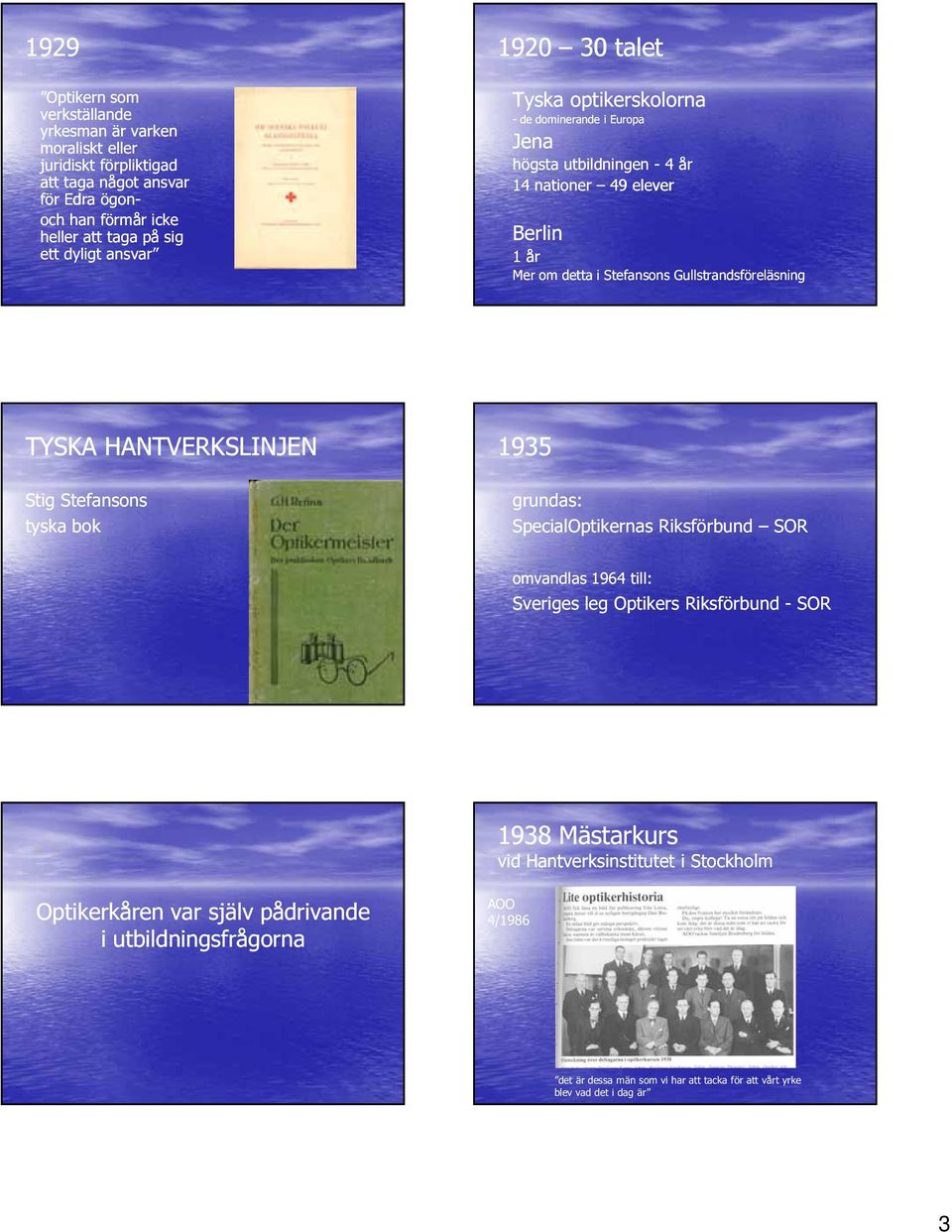 Gullstrandsföreläsning TYSKA HANTVERKSLINJEN Stig Stefansons tyska bok 1935 grundas: SpecialOptikernas Riksförbund SOR omvandlas 1964 till: Sveriges leg Optikers Riksförbund -SOR