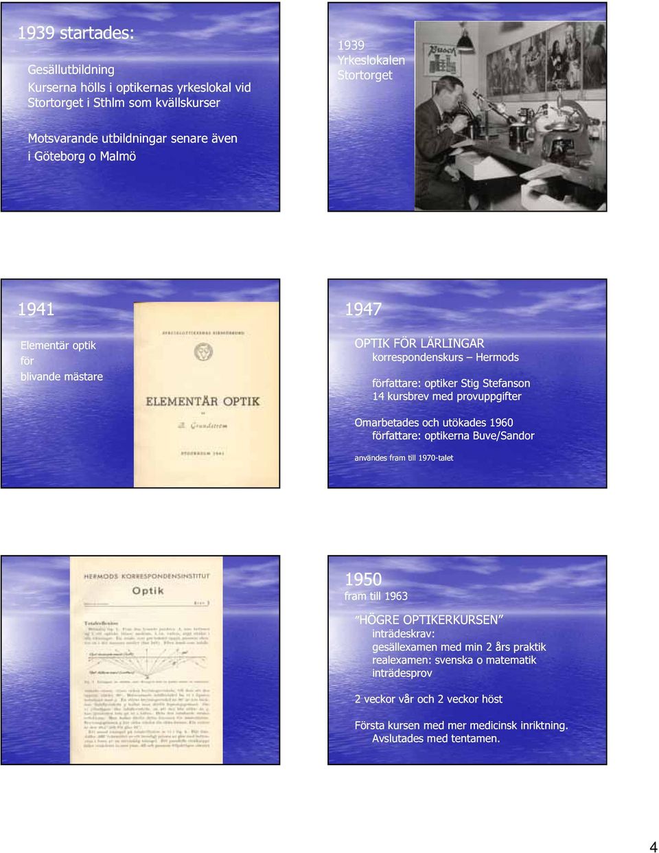 med provuppgifter Omarbetades och utökades 1960 författare: optikerna Buve/Sandor användes fram till 1970-talet 1950 fram till 1963 HÖGRE OPTIKERKURSEN inträdeskrav: