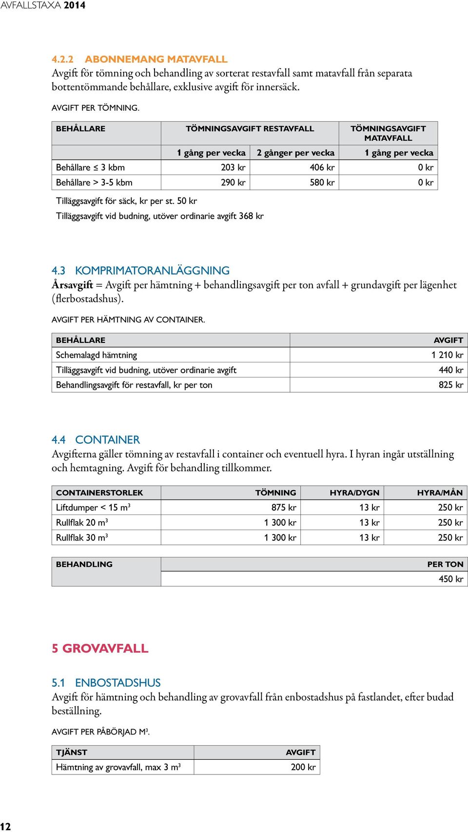 50 kr Tilläggsavgift vid budning, utöver ordinarie avgift 368 kr 4.3 Komprimatoranläggning Årsavgift = per hämtning + behandlingsavgift per ton avfall + grundavgift per lägenhet (flerbostadshus).