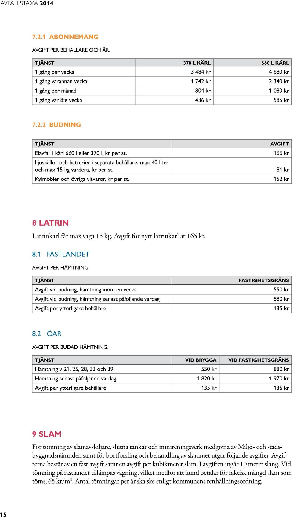 Ljuskällor och batterier i separata behållare, max 40 liter och max 15 kg vardera, kr per st. Kylmöbler och övriga vitvaror, kr per st. 166 kr 81 kr 152 kr 8 Latrin Latrinkärl får max väga 15 kg.