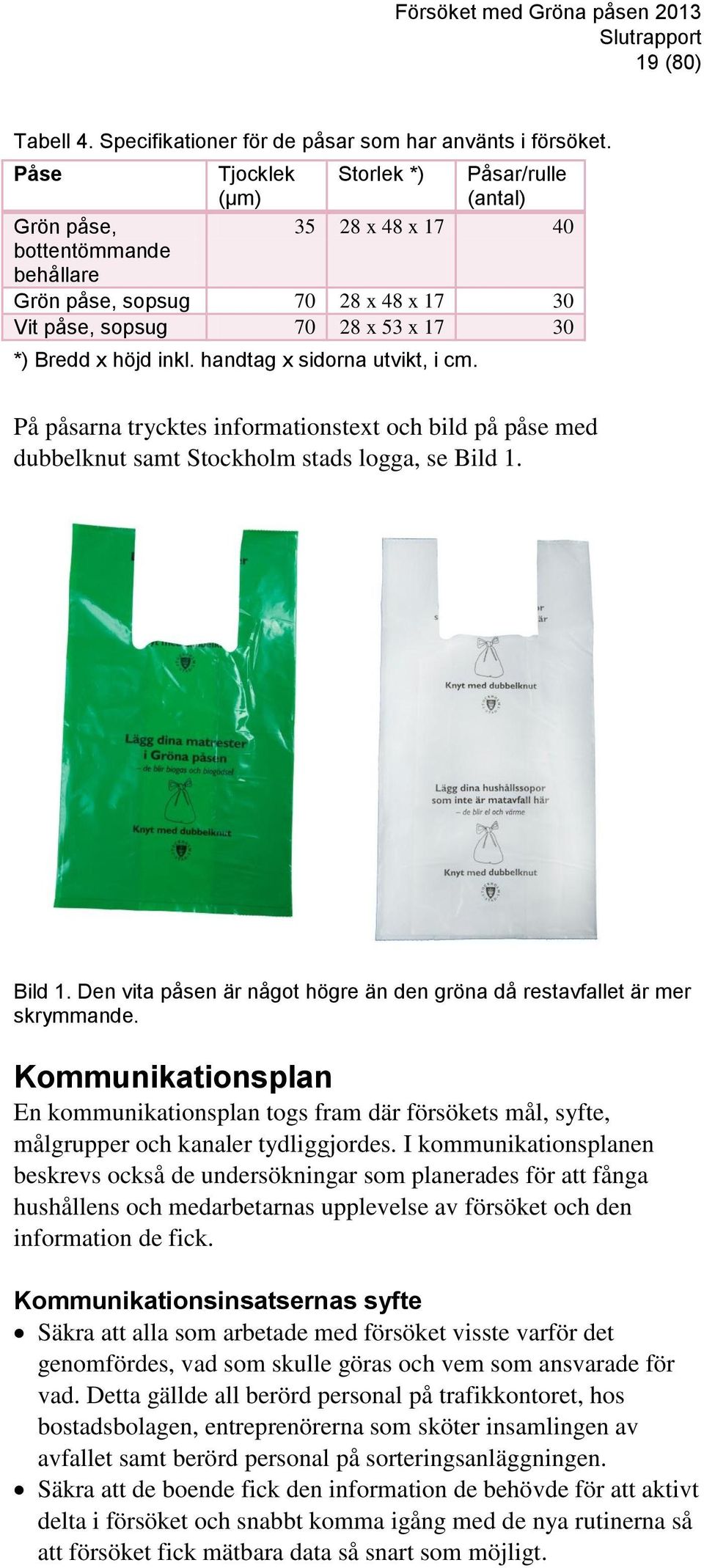 handtag x sidorna utvikt, i cm. På påsarna trycktes informationstext och bild på påse med dubbelknut samt Stockholm stads logga, se Bild 1.