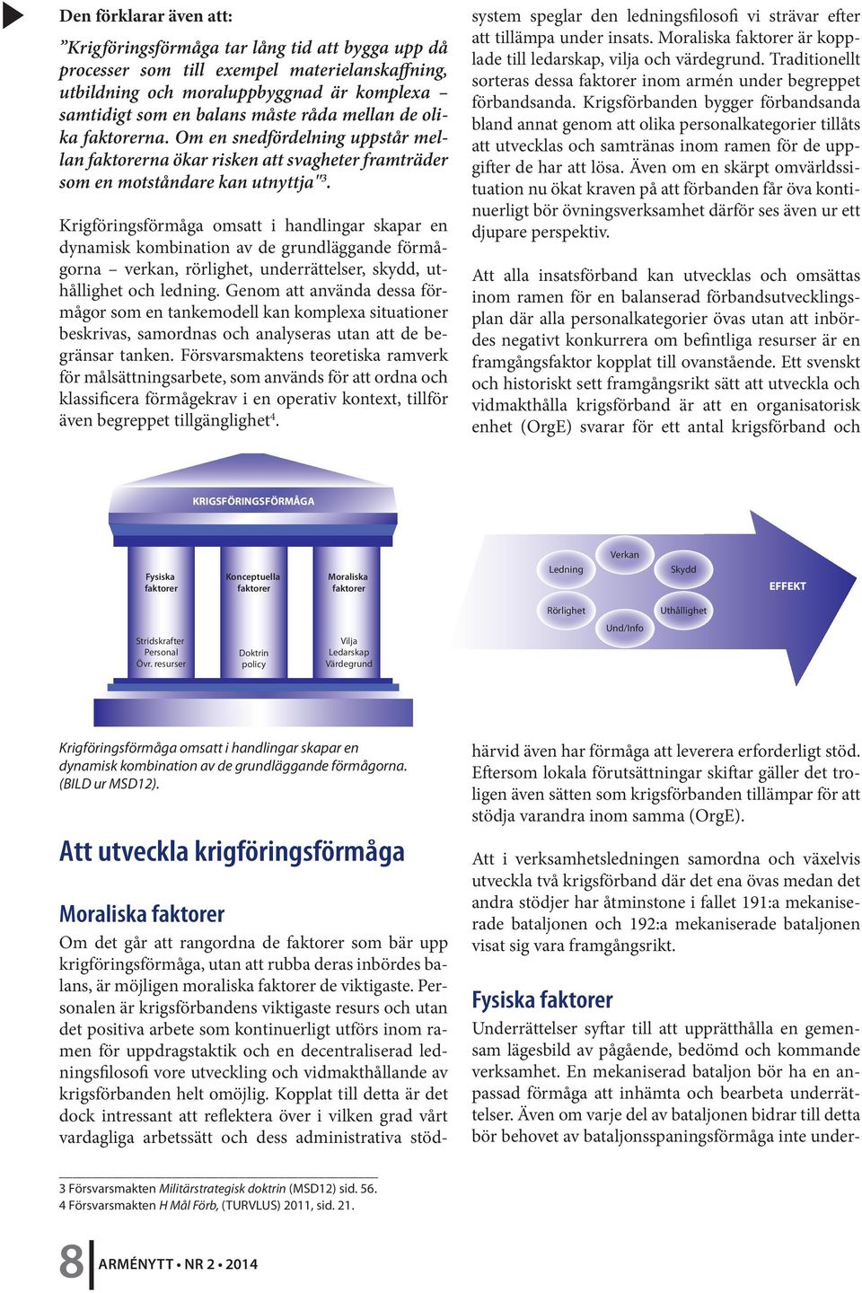 Krigföringsförmåga omsatt i handlingar skapar en dynamisk kombination av de grundläggande förmågorna verkan, rörlighet, underrättelser, skydd, uthållighet och ledning.