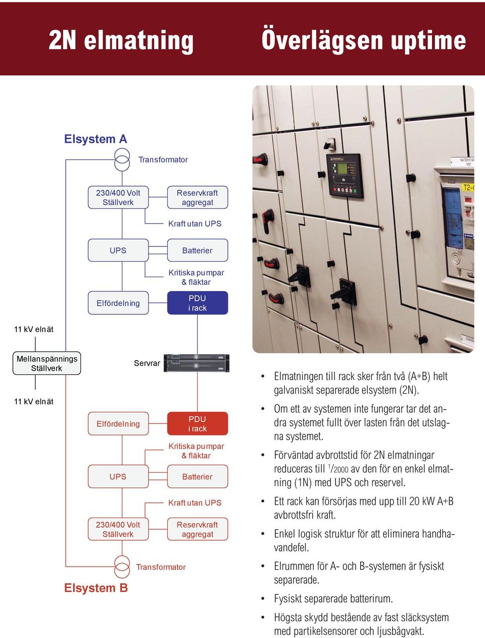 Elmatningen till rack sker från två (A+B) helt galvaniskt separerade elsystem (2N). Om ett av systemen inte fungerar tar det andra systemet fullt över lasten från det utslagna systemet.