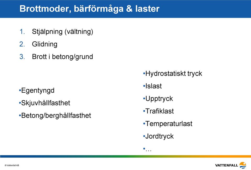 Brott i betong/grund Hydrostatiskt tryck Egentyngd