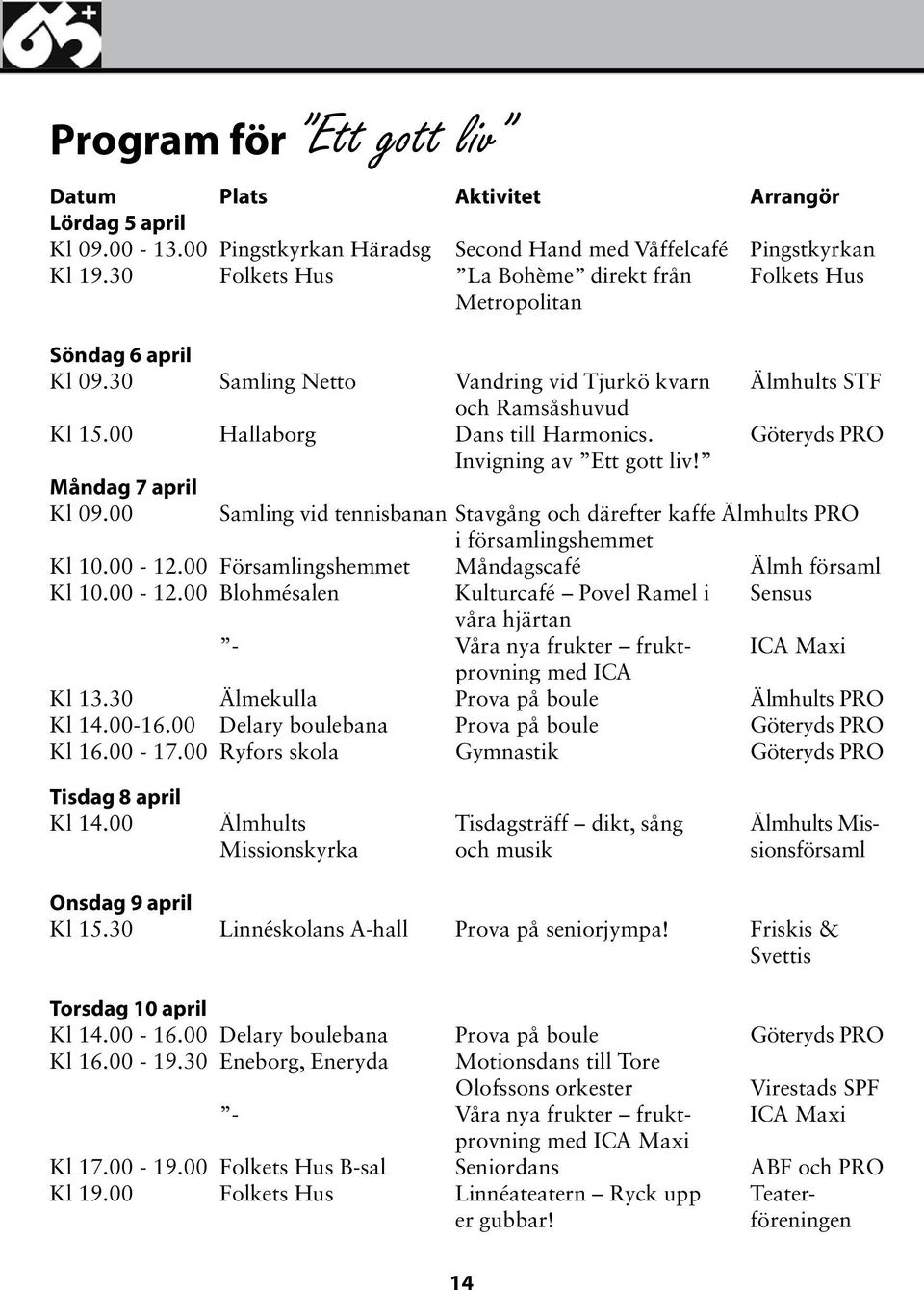 Göteryds PRO Invigning av Ett gott liv! Måndag 7 april Kl 09.00 Samling vid tennisbanan Stavgång och därefter kaffe Älmhults PRO i församlingshemmet Kl 10.00-12.