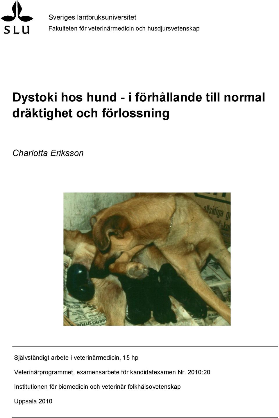 i veterinärmedicin, 15 hp Veterinärprogrammet, examensarbete för kandidatexamen Nr.