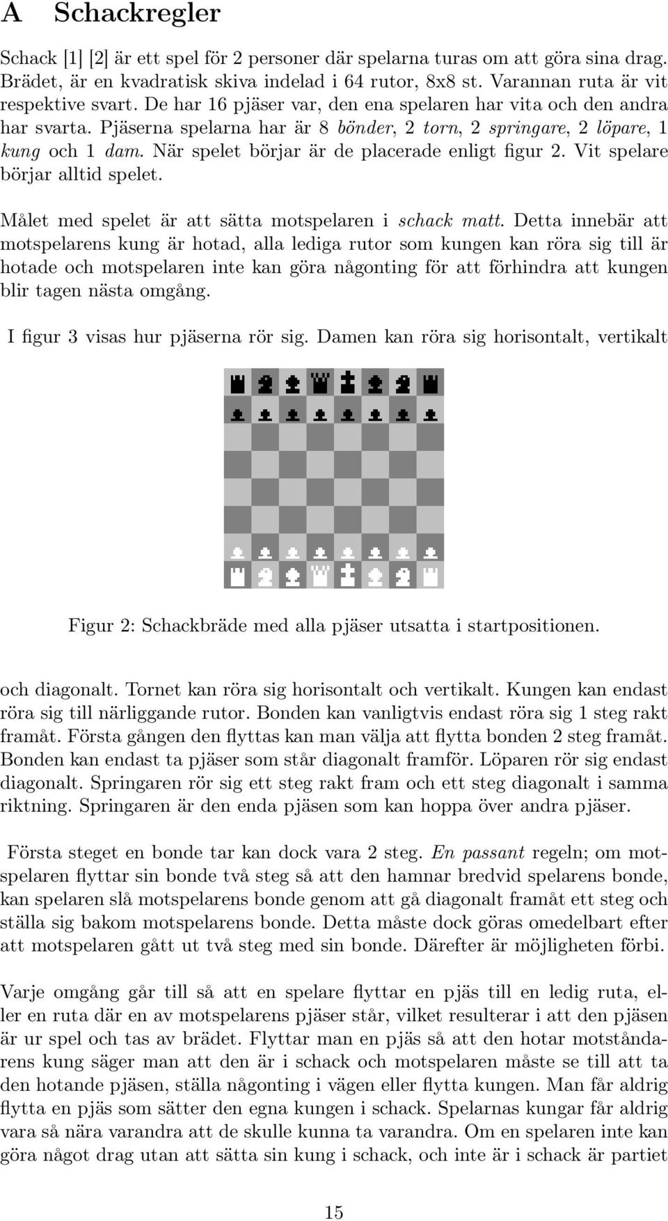 När spelet börjar är de placerade enligt figur 2. Vit spelare börjar alltid spelet. Målet med spelet är att sätta motspelaren i schack matt.