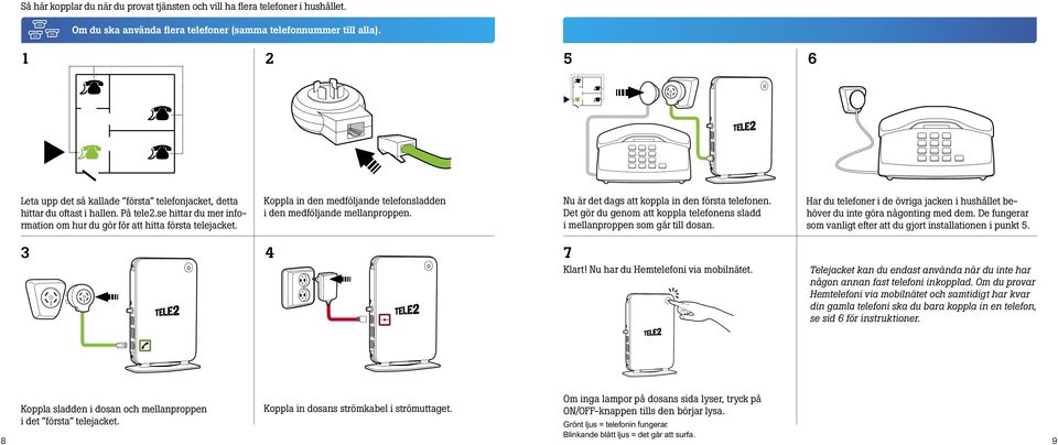 Koppla in den medföljande telefonsladden i den medföljande mellanproppen. Nu är det dags att koppla in den första telefonen.