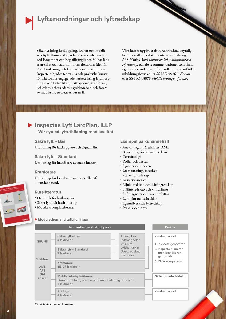 Inspecta erbjuder teoretiska och praktiska kurser för alla som är engagerade i arbete kring lyftanordningar och lyftredskap; lastkopplare, kranförare, lyftledare, arbetsledare, skyddsombud och förare